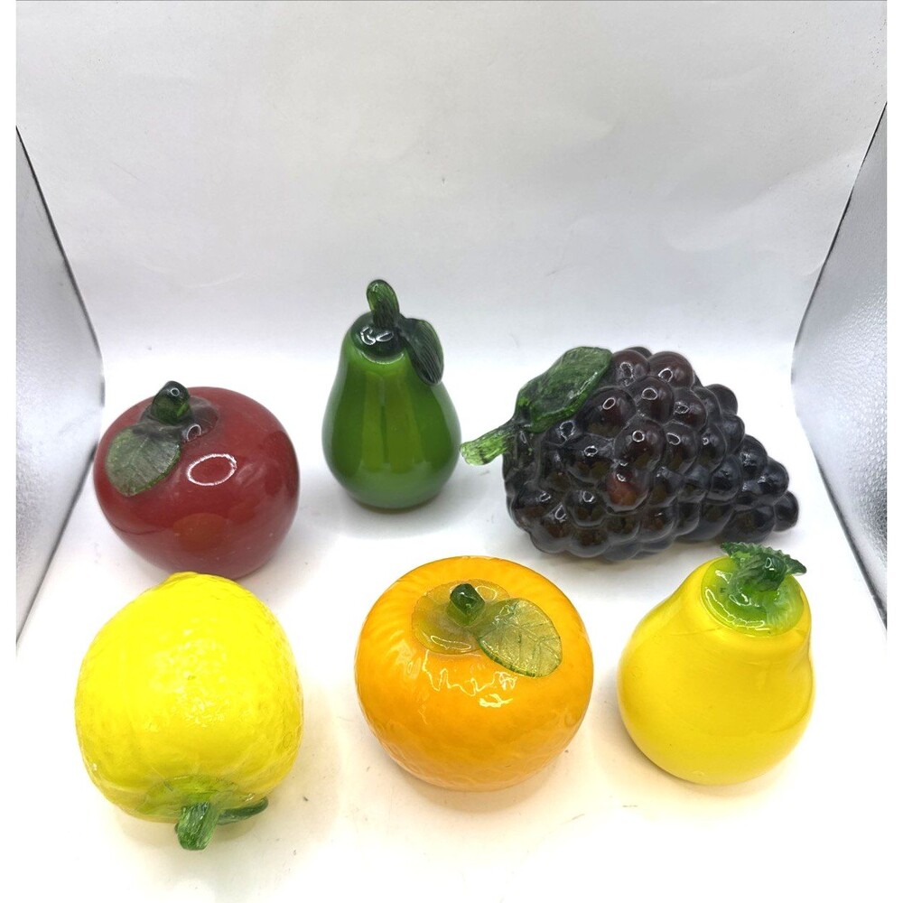 Hand Blown Art Glass Fruit Lot of 6 Murano Style Apple Orange Pear Grapes Lemon